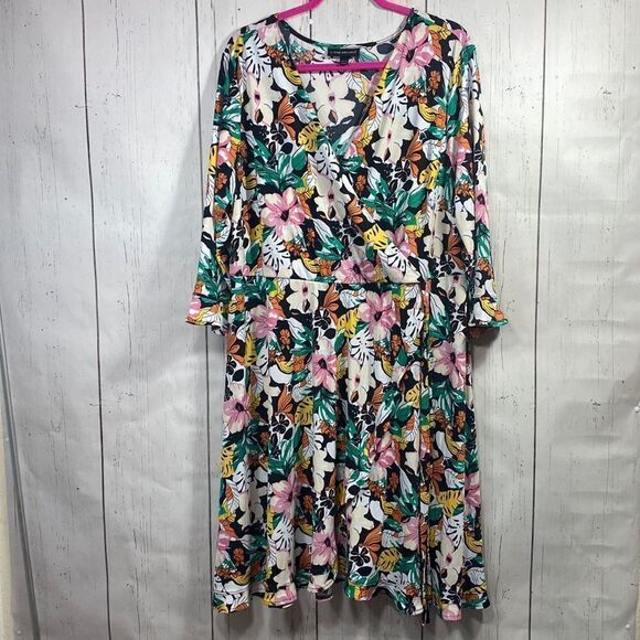 Lane Bryant Floral Midi Wrap Dress Bell Sleeve 18/20 Tropical Boho Chic - Picture 1 of 16